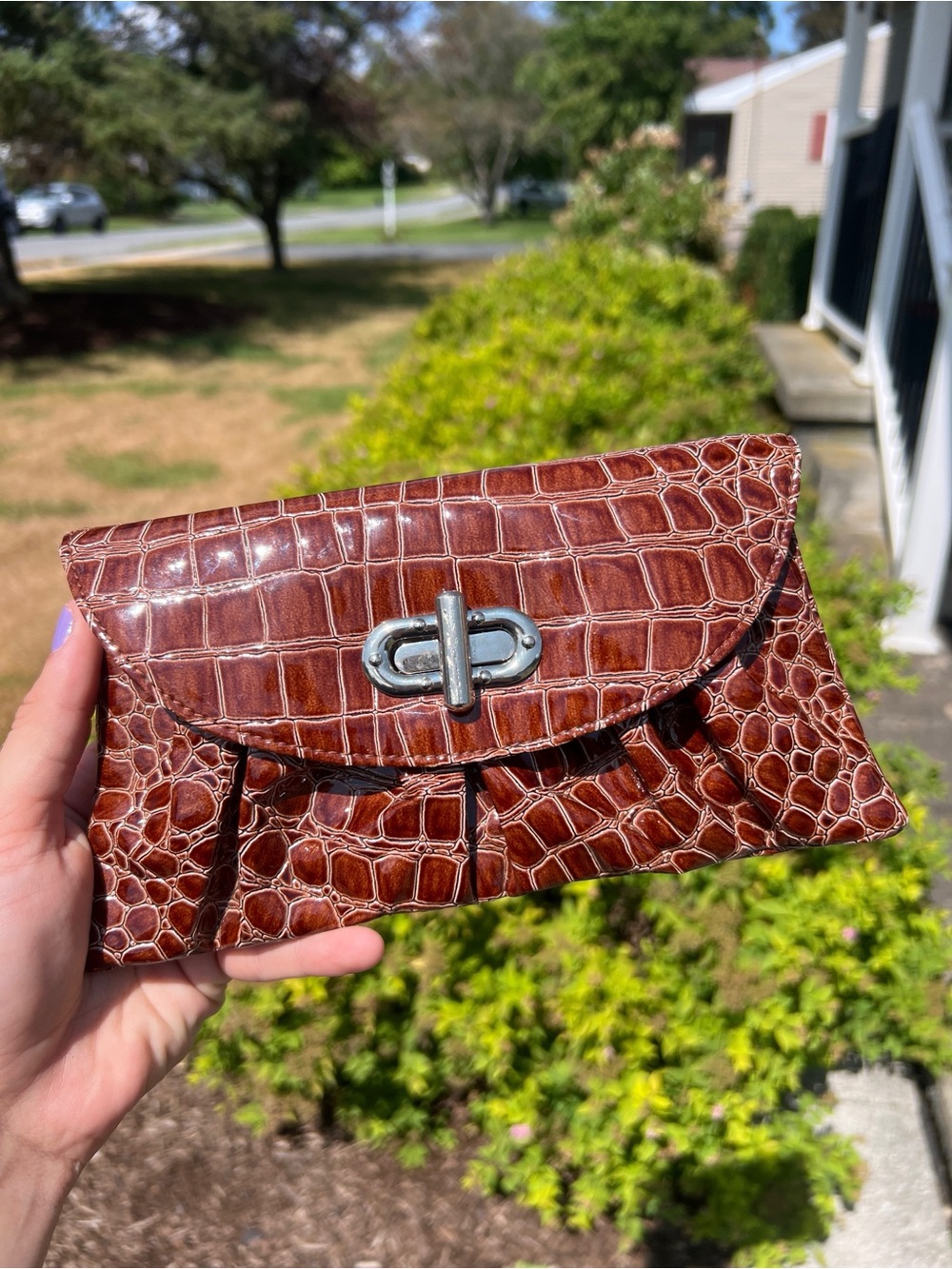 Vintage MSC Brown Faux Croc Wristlet Clutch Polka Dot Interior